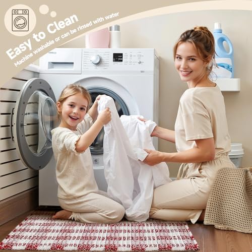 TYUU Christmas Bathroom Rugs, Cute Waffle Bath Mat, 36x24 Red & White