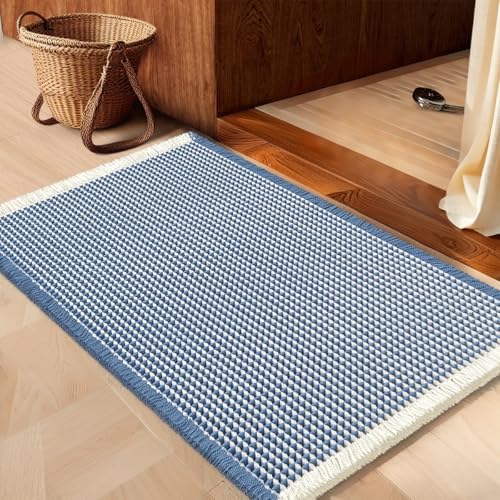 IM HOME Waffle Bath Mat Blue & Cream 24"x17", Boho Woven Modern Bath Mat Rugs, Absorbent Non Slip Bathroom Rugs, Soft Washable Bath Rugs with Tassels for Bathroom, Bedroom, Kitchen, Shower, Tub