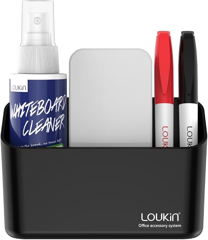 loukin Magnetic Marker Holder Set, Dry Erase Marker Holder, Dry Erase Accessory Tray Set (Includes 1 Eraser, 1 Cleaner, 2 Dry Erase Markers), Ideal for Office, School or Home Use(Black)