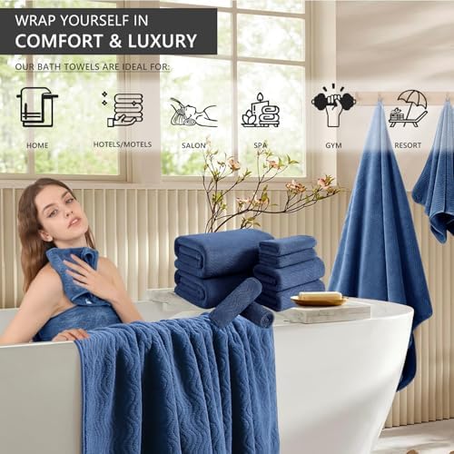 8 Piece Bath Towel Set Navy |2 Oversized Large Bath Sheet,2 Hand Towels,4 Washcloths| Ultra Soft Cozy Bath Towel Set for Bathroom Hotel Gym Spa,Highly Absorbent & Quick Dry Bathroom Towel Collections