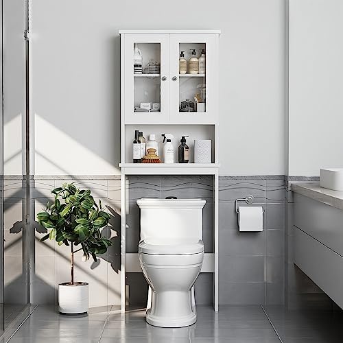 Over The Toilet Storage Cabinet for Bathroom, Storage Organizer Over Toilet, Space Saver with Tempered Glass Doors, White