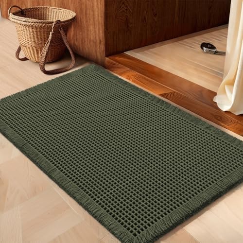 IM HOME Waffle Bath Mat Dark Green 24"x17",Boho Woven Modern Bath Mat Rugs, Absorbent Non Slip Bathroom Rugs, Soft Washable Bath Rugs with Tassels for Bedroom, Kitchen, Shower, Tub