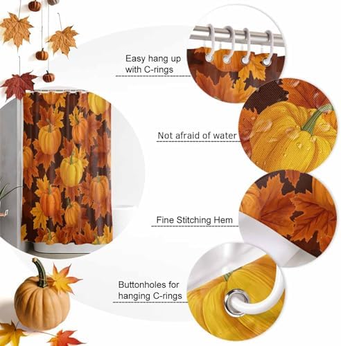 Shower Curtain Bathroom Set Thanksgiving Pumpkin Fall Orange Maple Leaf Waterproof Shower Curtains with Grommets Hooks Autumn Watercolor Leaves Privacy Bath Curtain for Bathtub Decor 72x78in