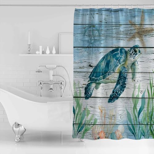 Shower Curtain Bathroom Set Sea Turtle Seagrass Starfish Waterproof Shower Curtains with Grommets Hooks Nautical Compass Blue Gradient Privacy Bath Curtain for Bathtub Decor 72x72in