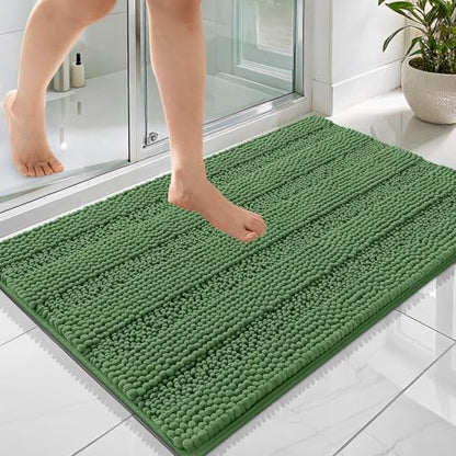 OLANLY Thick Bathroom Rugs 36x24, Chenille Striped Bath Rugs, Olive Green