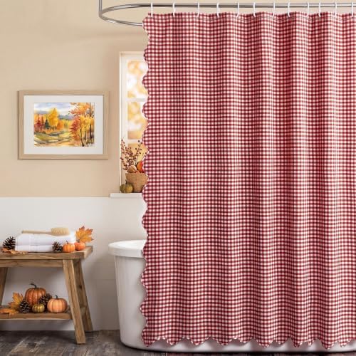 HunnmingRe Scalloped Gingham Shower Curtain Red