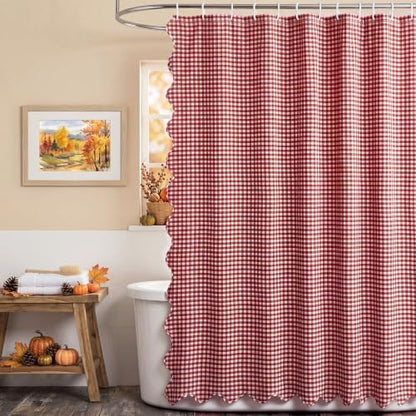 HunnmingRe Scalloped Gingham Shower Curtain Red