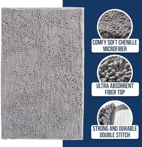 Muddy Mat Chenille Bathroom Rugs Quick Dry Microfiber Mats Non Slip Washable, Extra Thick, Soft and Highly Absorbent Bath Mats for Bathroom, Kitchen, and Shower Floor - Grey Medium 30"X19"