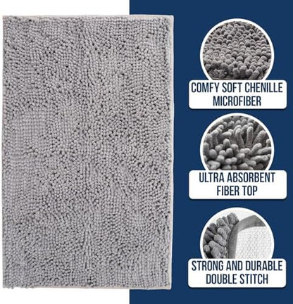 Muddy Mat Chenille Bathroom Rugs Quick Dry Microfiber Mats Non Slip Washable, Extra Thick, Soft and Highly Absorbent Bath Mats for Bathroom, Kitchen, and Shower Floor - Grey Medium 30"X19"