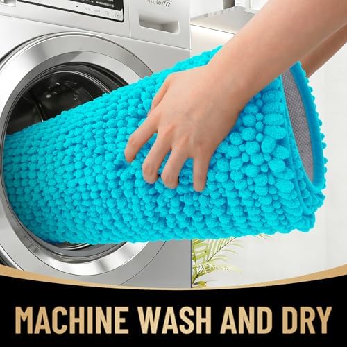OLANLY Thick Chenille Small Bathroom Rugs Mats 24x16, Aqua Sky