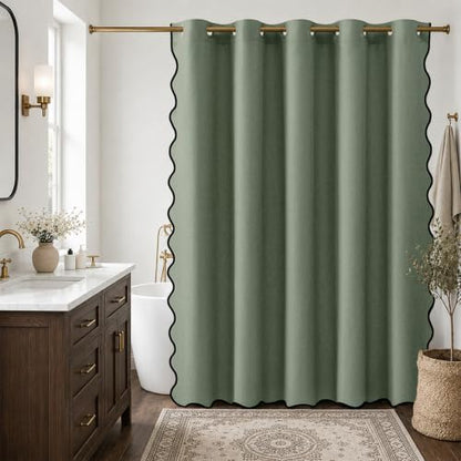 Furlinic Extra Wide No Hook Shower Curtain Scalloped Green Waterproof 96x75