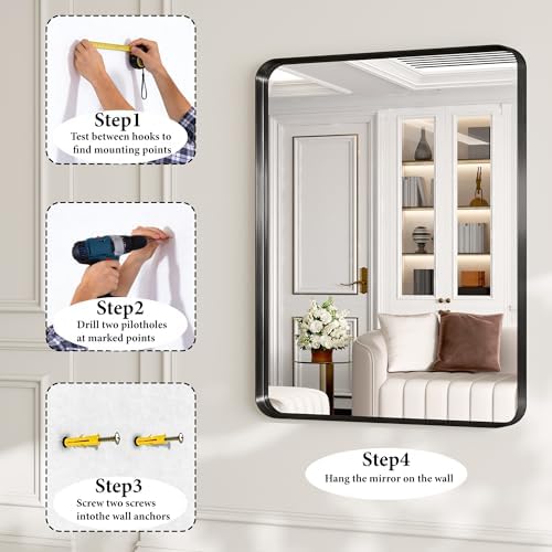 32x40 Inch Metal Black Framed Bathroom Mirror for Wall, HD Tempered Glass, Vanity Mirror for Over Sink, Anti-Rust Aluminum Alloy Mirror, Farmhouse, Horizontally or Vertically Hanging
