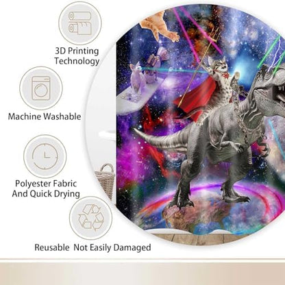 JAWO Cat Shower Curtain, Cool Funny Cat Riding Dinosaur On Fantasy Galaxy Hilarious Shower Curtain, Funny Outer Space Universe Boys Kids Shower Curtain Bathroom Decor Set with Hooks(36X72 inch)