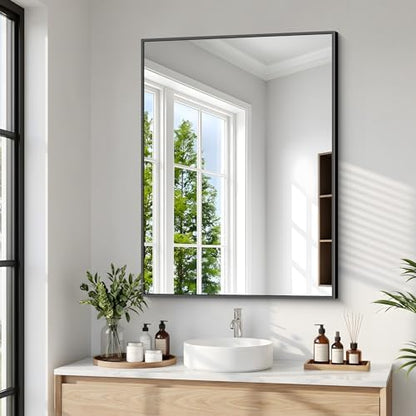 BONEWEI Bathroom Mirror,24x30 inch Wall Mirror for Bathroom Wall Mounted Black Rectangle Square Corner Mirrors,Black Bathroom Mirror for Living Room,Farmhouse,Bedroom Entryway,Horizontal/Vertical