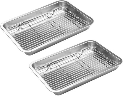 2 Set Broiler Pan Roaster Pan Baking Pan with Rack for Hams Chickens 12.6"* 8.6"*1.7"