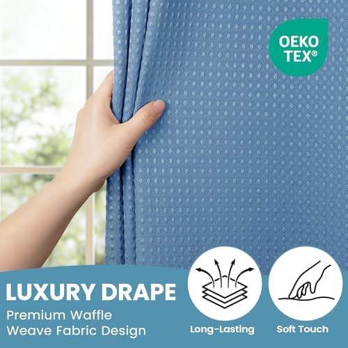 No Hook Waffle Shower Curtain with Snap in Liner Set, 71x74, Sky Blue