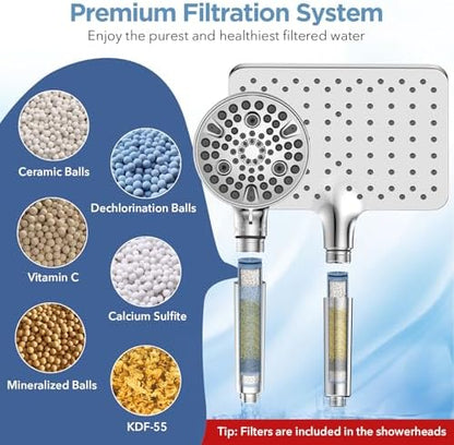 MakeFit Dual Filtered Rain Shower Head Combo, High Pressure Handheld Shower Head with Adjustable Bar - Rainfall Shower Head And Showerhead with Filter for Hard Water - Removes Chlorine