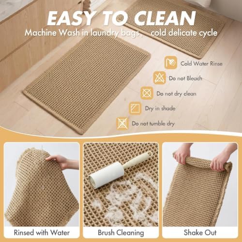 MIULEE Set of 2 Waffle Bathroom Rugs Boho Bath Mat Brown 17"x24"+17"x48"