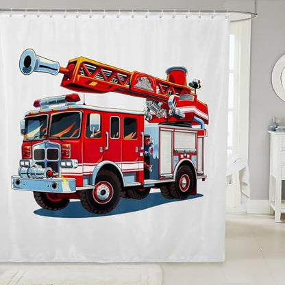 3D Fire Truck Fabric Bathroom Shower Curtain Cartoon Car Vehicle Waterproof Shower Curtains for Kids Boys Girls Firemen Rescue Fire Fighting Shower Curtain with Hooks Red Car Curtain,72x72 Inches