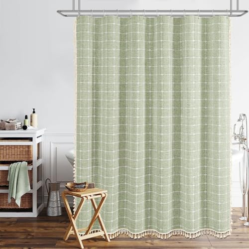 BTTN 72x90 Boho Farmhouse Linen Heavy Duty Shower Curtain Set, Sage Green