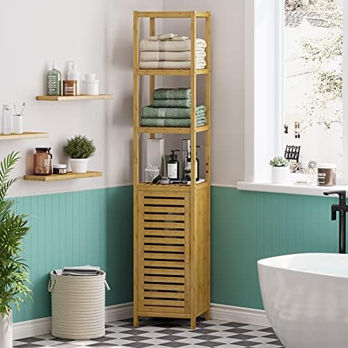 VIAGDO Storage Tall Slim Cabinet with Shutter Door and 3 Tier Shelves, Freestanding Linen Tower Cabinet for Living Room, Kitchen, Bathroom Organizer, Natural Bamboo