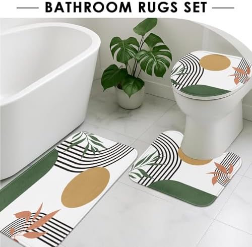Bathroom Sets with Shower Curtain and Rugs, 4 Pcs, Boho Green