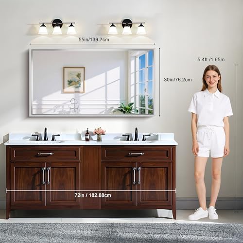 CIRCUMI 30"x55" Brushed Silver Bathroom Mirror, Double Sink Vanity Mirror