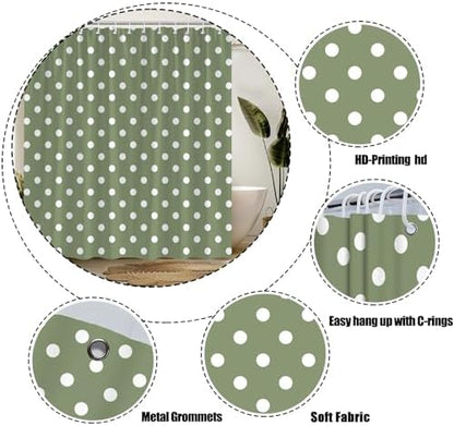 Polka Dot Shower Curtain Sage Green White Retro Spot Vintage Fabric Decorative Bathroom Curtains with Hooks,67" Wx70 H