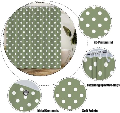 Polka Dot Shower Curtain Sage Green White Retro Spot Vintage Fabric Decorative Bathroom Curtains with Hooks,70" Wx70 H