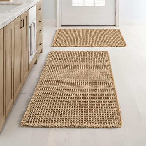 MIULEE Set of 2 Waffle Bathroom Rugs Boho Bath Mat Brown 17"x24"+20"x32"