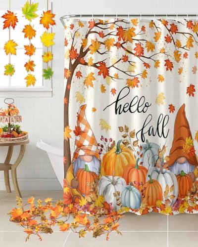 Shower Curtain Bathroom Set Autumn Gnome Orange Maple Tree Waterproof Shower Curtains with Grommets Hooks Thanksgiving Pumpkin Watercolor Privacy Bath Curtain for Bathtub Decor 36x72in