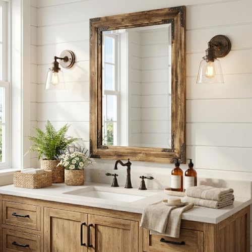 Rustic Brown 24x36 Inch Wood Bathroom Vanity Mirror, Rivets