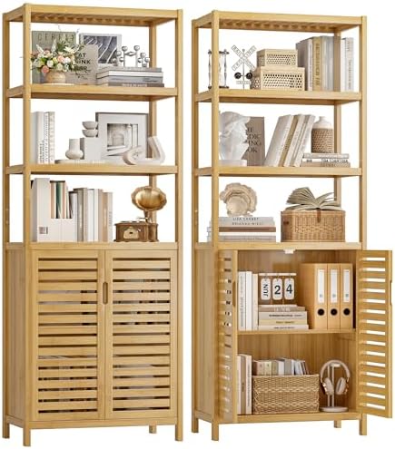 HIFIT 6-Tier Bamboo Book Shelves with 2 Door, Tall Bathroom Storage Cabinet