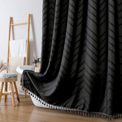 OWENIE Extra Long Black Boho Shower Curtain, Chic Tufted Chevron Striped Textured Cloth Fabric Shower Curtains with Tassel for Bathroom, Soft Hotel Style Farmhouse, Machine Washable, 72x96