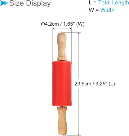 Silicone Rolling Pins, 9.25" Length, Silicone & Oak Non-Stick Ergonomic Wooden Handle Fondant Dough Roller Red - (Applications: for Baking DIY Projects)