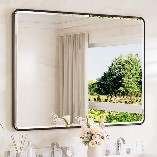 TETOTE Black Wall Mirror 48 x 36 Beveled Edge Tempered Glass, Rounded Corner Rectangle Framed Mirror for Modern Bathroom, Living Room, Bedroom, Entryway