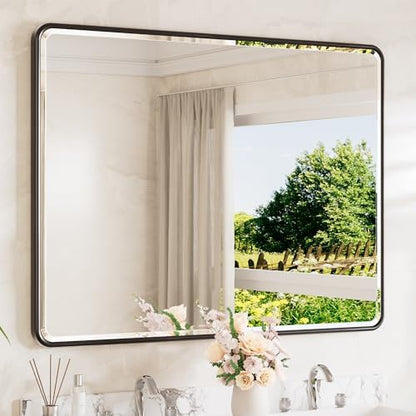 TETOTE Black Wall Mirror 48 x 36 Beveled Edge Tempered Glass, Rounded Corner Rectangle Framed Mirror for Modern Bathroom, Living Room, Bedroom, Entryway