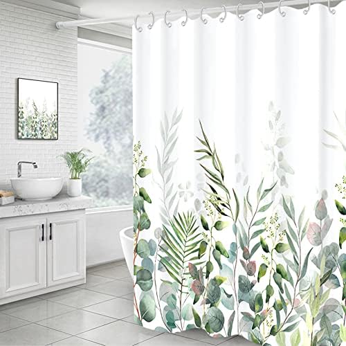 AWERT Shower Curtain Plants for Bathroom,Waterproof Quick-Drying Green Leaves Shower Curtain Set with Hooks 72x84 Inch
