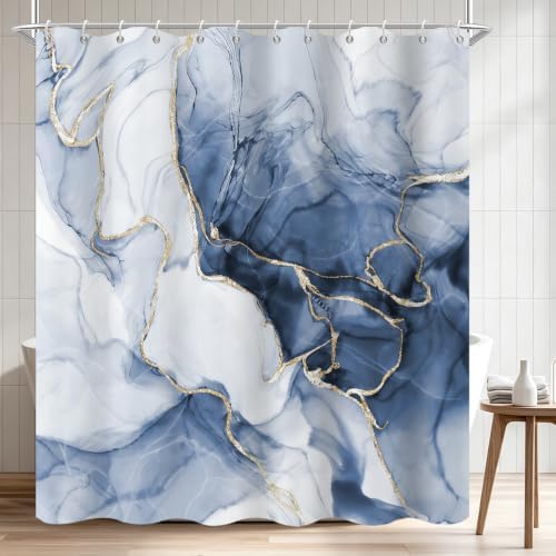 Blue Marble Shower Curtain Modern Abstract Luxury Gold Ink Texture Gray Ombre Watercolor Bathroom Curtain Set with Hooks Soft and Lightweight Waterproof Fabric Machine Washable 66" WX72 L