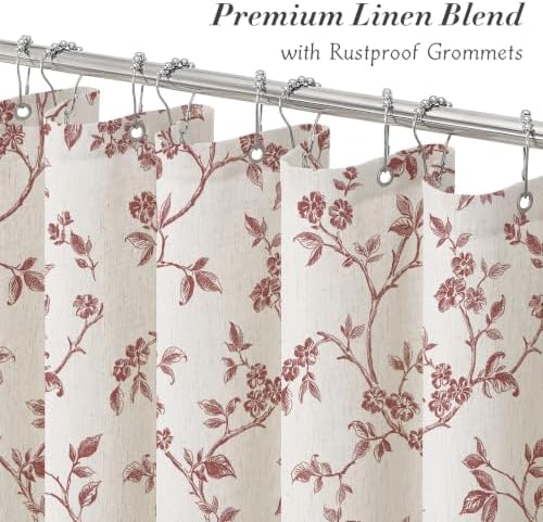 MitoVilla Burgundy Linen Floral Shower Curtain for Bathroom, 72 x 72