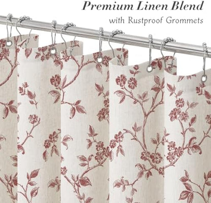 MitoVilla Burgundy Linen Floral Shower Curtain for Bathroom, 72 x 72