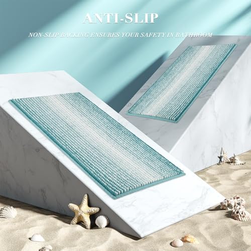 BSICPRO Large Bathroom Rugs Runner, 22x60 Striped Bath Mats, Aqua Green