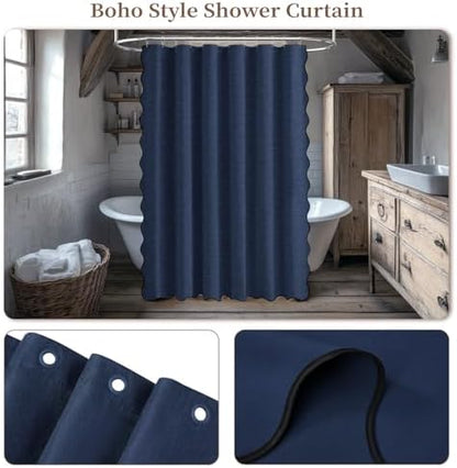 BTTN Navy Blue Boho Scalloped Linen Textured Cloth Shower Curtain, 72x72
