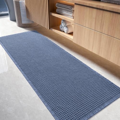 tchdio Waffle Bath Mat-Runner Rug, Super Absorbent Non Slip Bath Mats for Bathroom Machine Washable Long Rugs with Tassels, Bath Rugs for Bathroom Floor Beside Tub, 2' x 4'(24" x 48"), Blue