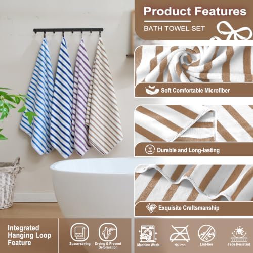 JML Microfiber Bath Towel Sets, 4 Pack, 27" x 55", Cabana Stripe Coffee