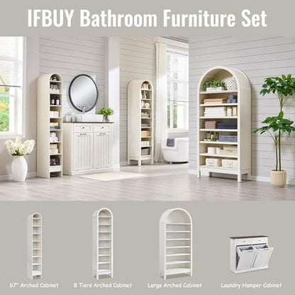 IFBUY 71" Tall Arched Bathroom Storage Cabinet, 7-Tier Modern Farmhouse Storage Cabinet with Adjustable Shelves, Wood Freestanding Cabinet for Bathroom, Living Room, Entryway, Hallway (Antique White)