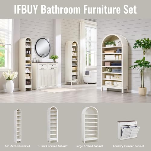 IFBUY 71" Tall Arched Bathroom Storage Cabinet, 8-Tier Modern Farmhouse Storage Cabinet with Adjustable Shelves, Wood Freestanding Cabinet for Bathroom, Living Room, Entryway, Hallway (Antique White)