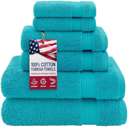 American Veteran Towel, 100% Cotton Turkish 6 Piece Towel Set Luxury Towels Set of 6 for Bathroom Essentials 2 Bath Towels 2 Hand Towels 2 Washcloths, Aqua Blue