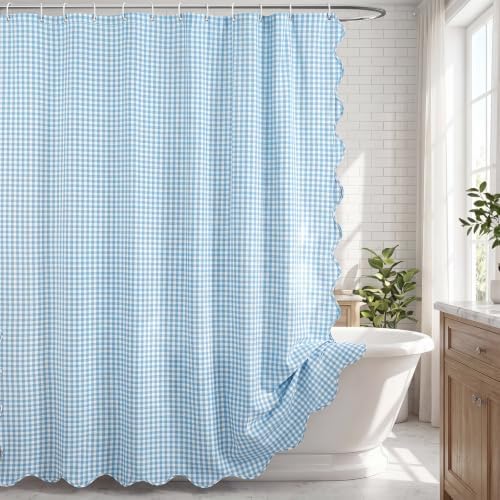 HunnmingRe Scalloped Gingham Shower Curtain Light Blue