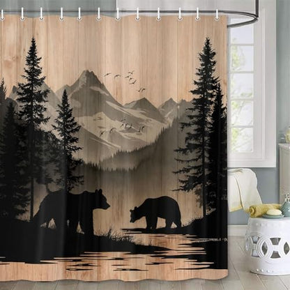 Rustic Cabin Shower Curtain, Mens Outdoor Bear Forest Wildlife Country Farmhouse Bath Curtains, Hunting Camping Camper RV Waterproof Fabric Bathroom Decor Accessories Set with Hooks,70X85IN